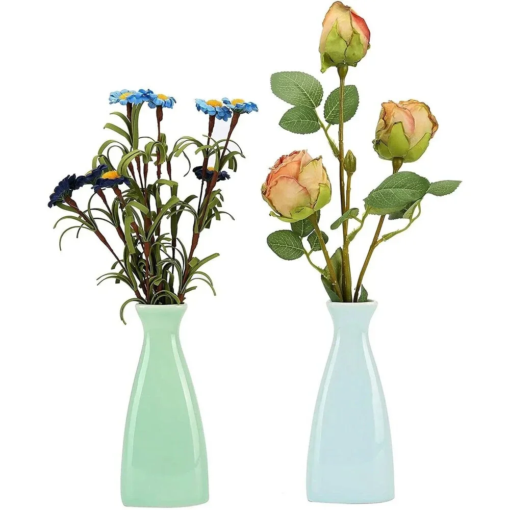 Set of 2 Celadon Small Bud Vase for Flowers Mini Vases for Decor, Green & Blue